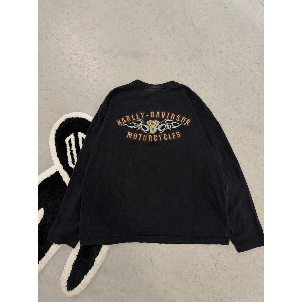 Harley Davidson Mens Black Long Sleeve Henley Shirt Engine Graphic Size M